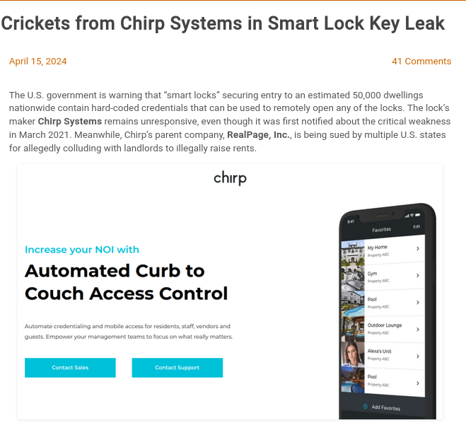 Crickets from Chirp Systems in Smart Lock Key Leak
