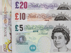 British Money: Several british banknotes - five, ten, twenty pounds