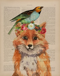 Antiquarian Book Fox Print: Antique book page with a mix of vintage bird and flowers with modern fox watercolor painting making a unique, original print