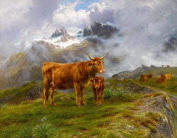 Cattle Vintage Art Painting: Vintage antique art painting of highland cattle in the alps landscape poster, print, card by artist Rosa Bonheur