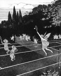 Fairy Fairyland Vintage Art: Vintage black and white art illustration of a fairy in fairyland forest playing tennis with koala bears childrens story book by artist Ida Rentoul Outhwaite