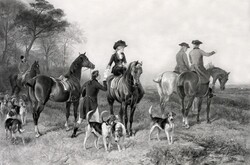 Fox Hounds Hunting Scene: Public domain vintage art hunting scene with horses and fox hound dogs