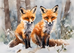Fox Winter Snow Watercolor: Watercolor painting of two cute fox cubs in a snowy winter forest