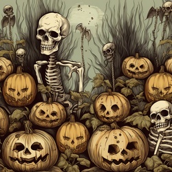 Halloween Pumpkins And Skeletons: Vintage Halloween pumpkins and skeletons illustration