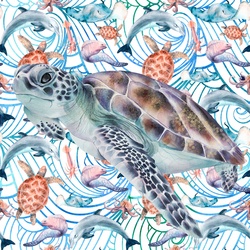 Sea Turtle Digital Art: Swirly drawing of ocean waves background with a pattern of turtles, stingrays, dolphins and eels with a large turtle overlay