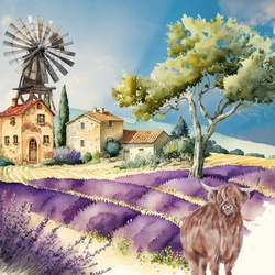 Highland Cattle Lavender Farm: Watercolor landscape of rows of lavender with a cattle in the foreground and old buildings and windmill in the distance