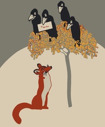 Fox And Crows Art: Modern vector art based on a vintage cartoon illustration of a fox sitting at the base of a tree looking up at a murder for crows holding a letter addressed to Mr Fox