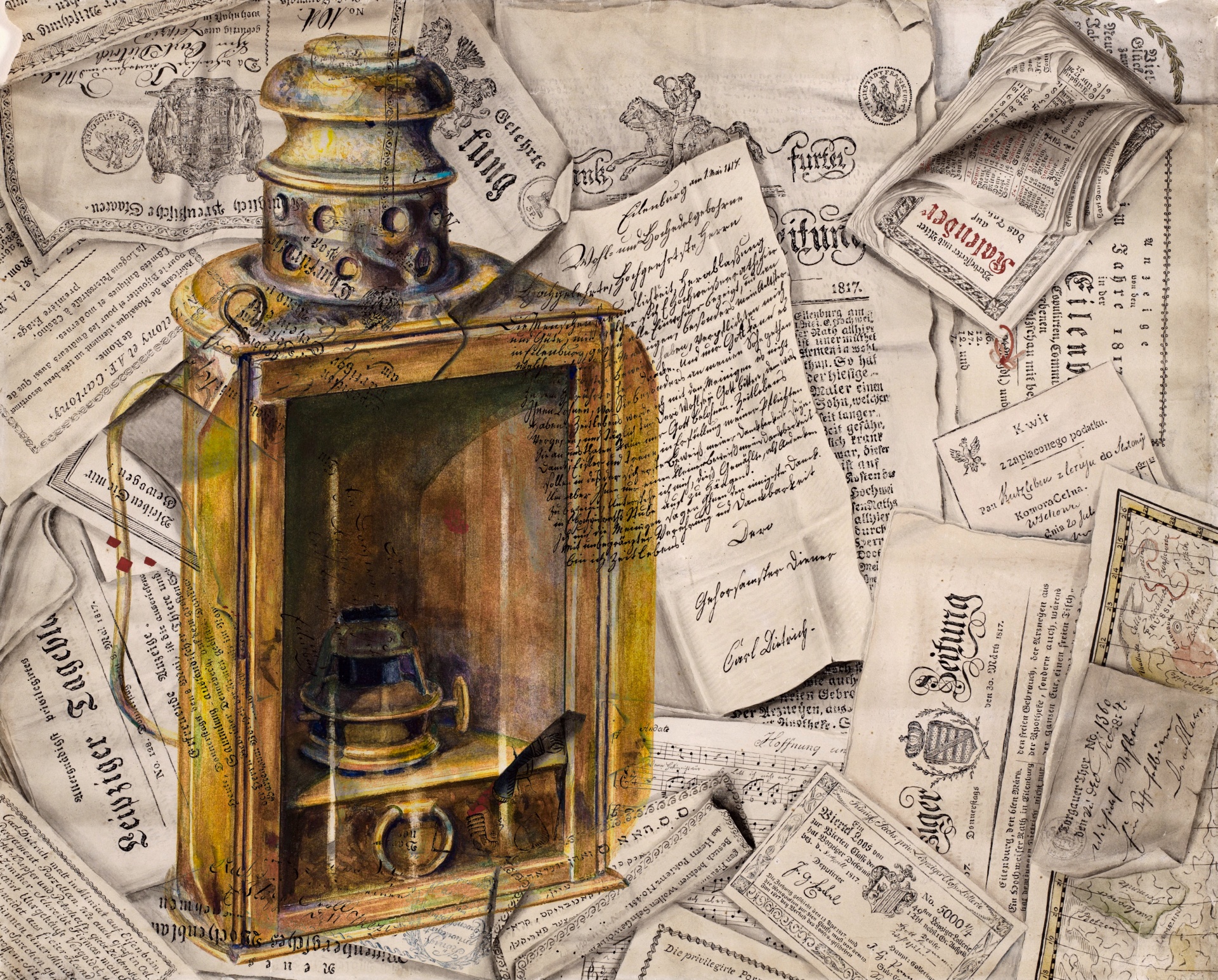 Illustration old lantern lamp fixture art collage on parchment paper