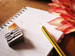 Writing: A pencil, a notebook and some pink flowers