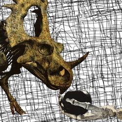 Skeleton Hand And Rhino: Skeleton hand holding a black apple for a skeleton dinosaur to eat