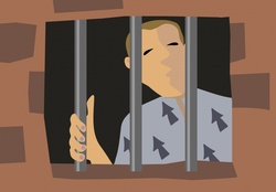 Digital illustration of a man in a prison cell.