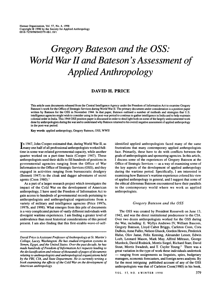 Gregory Bateson and the OSS: World War II and Bateson's Assessment of Applied Anthropology