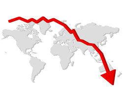 World map with red arrow falling down 