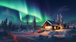 Cottage In Winter With Northern Lights