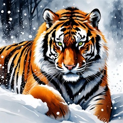 Beautiful colorful watercolor of a Siberian tiger laying in the snow, christmas card