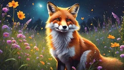 Fox in a flower meadow at night