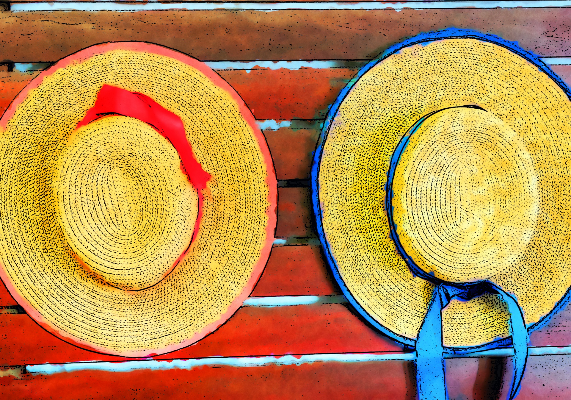 Summer Hats: Two straw hats hanging on a wood slat wall