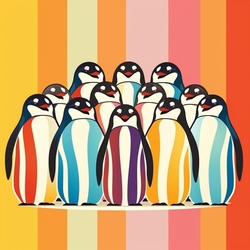 Colorful rainbow themed digital art illustration of penguins