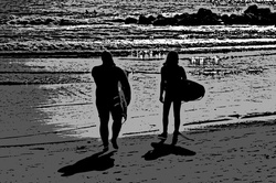 Artistic rendering of two surfers heading for the waves.