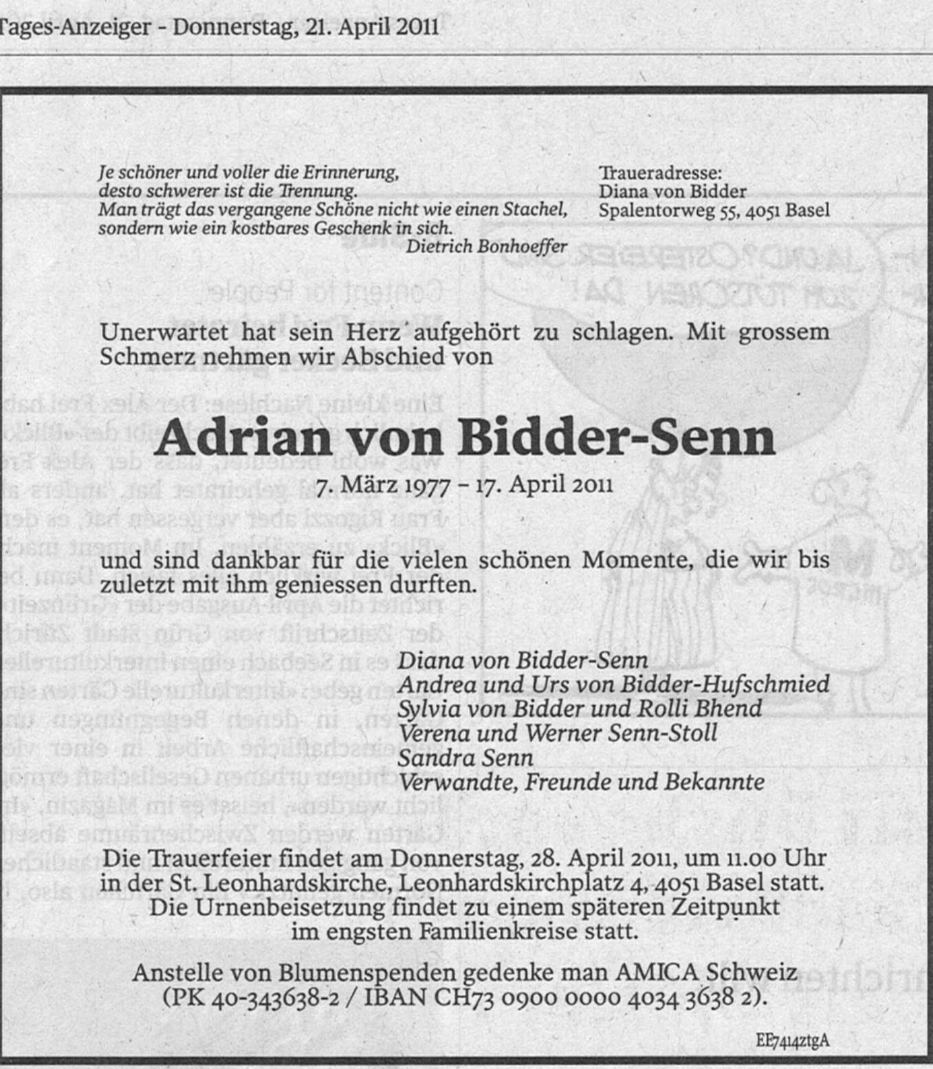Adrian von Bidder, Debian, AMICA Schweiz, Diana von Bidder