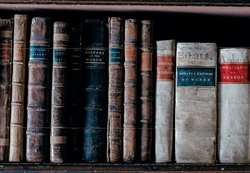 Row of old antique books on shelf