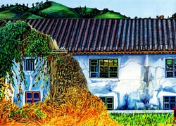 Acrylic painting of the remains of a house, in a village in the New Territories, Hong Kong