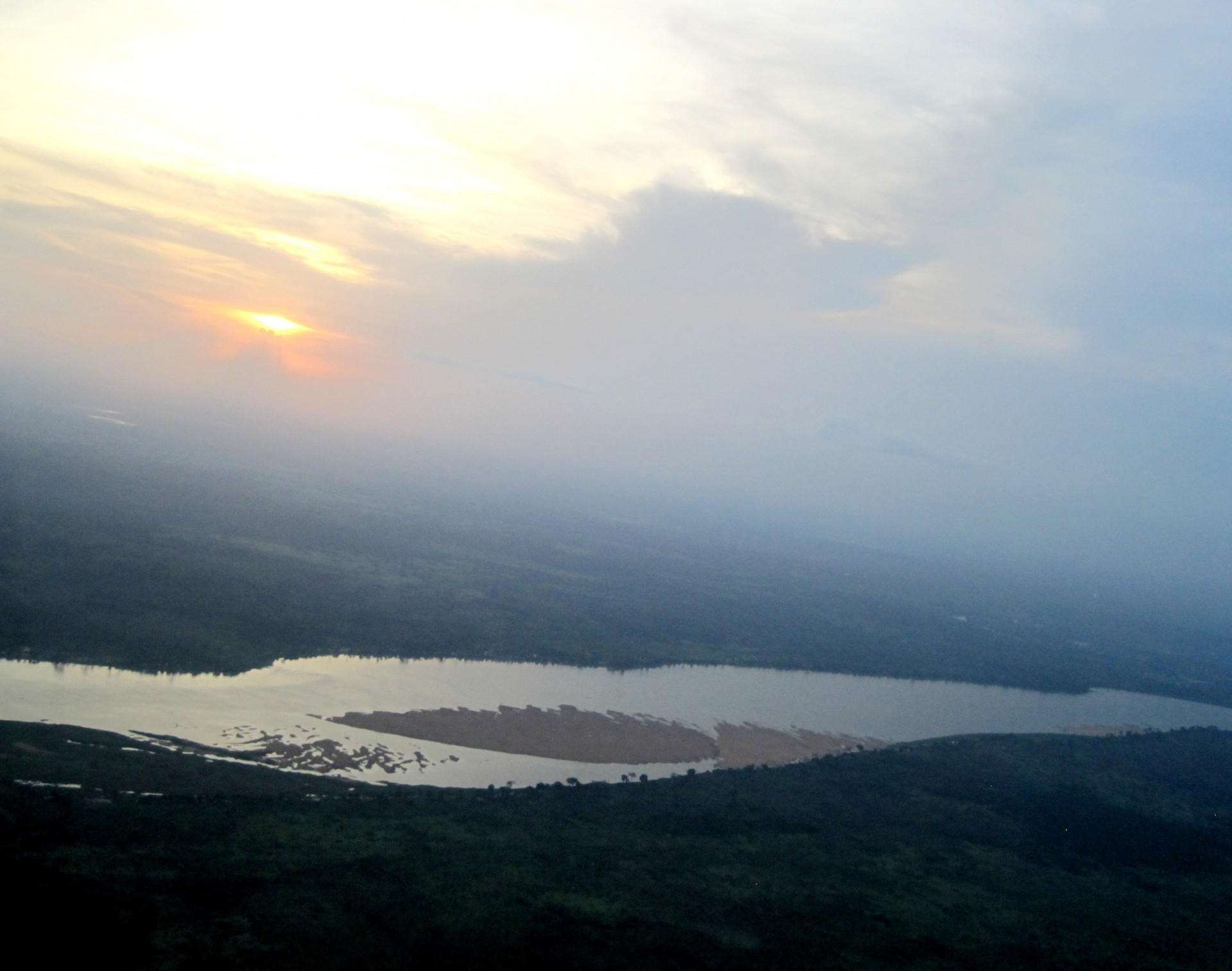 Late afternoon aerial view of Congo river, Africa.