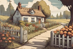 Countryside cottage with flower garden and summer landscape