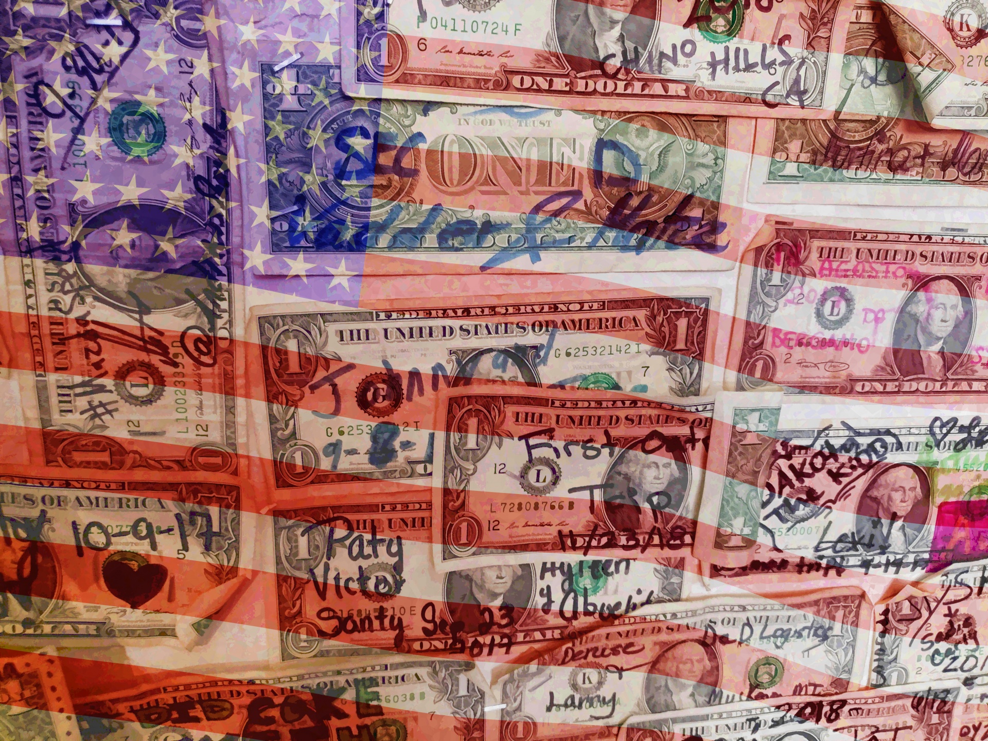 Signed dollar bills with American Flag opaque overlay
