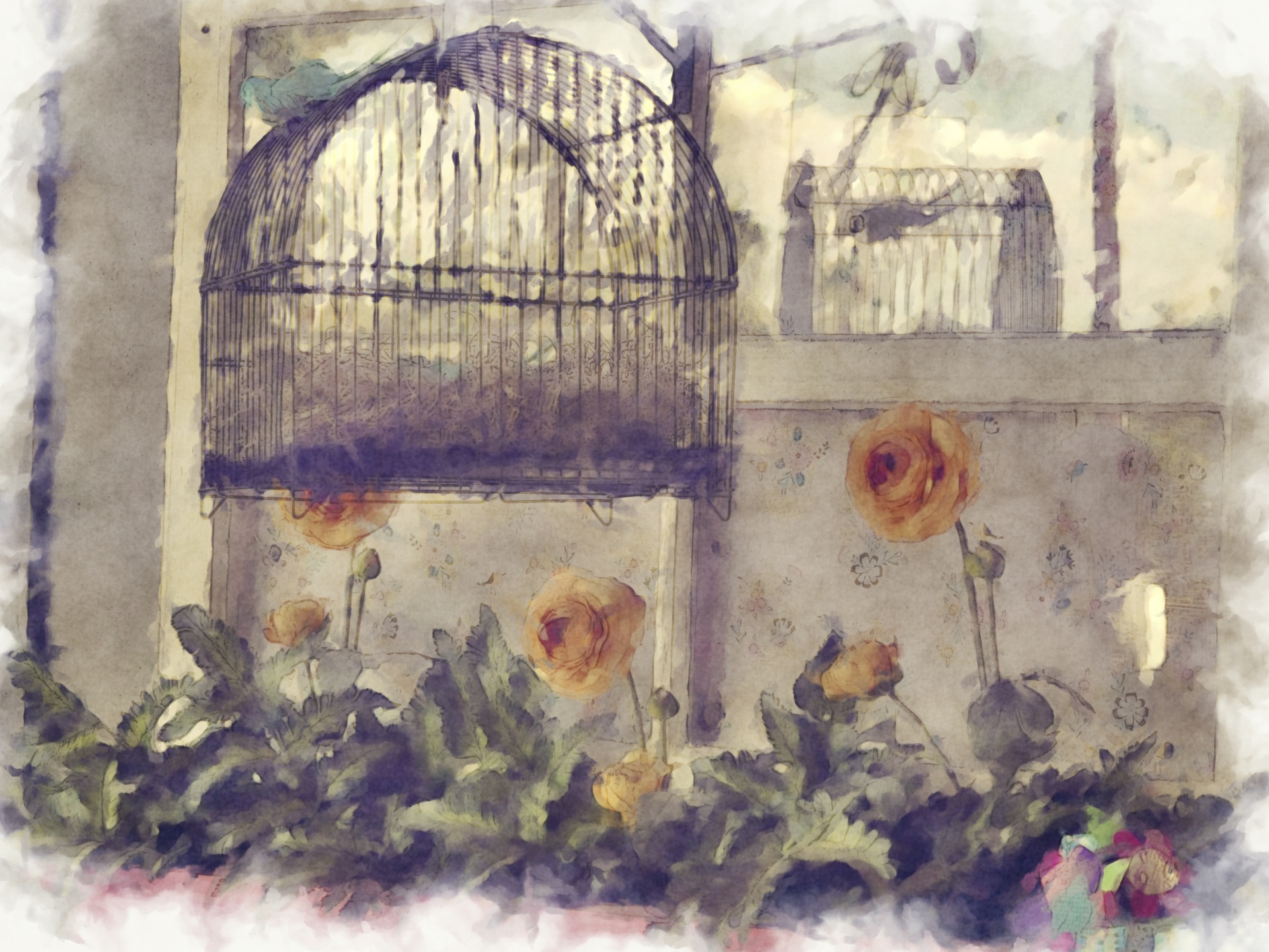 Artistic rendering of old bird cages