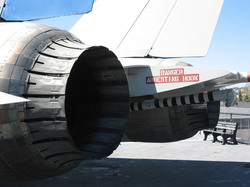 Back side of a F/A 18 Hornet fighter, afterburners and arresting hook, taken at USS Midway Museum, San Diego, California, USA