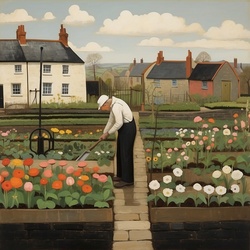 Quaint illustration of a man gardening in his home yard