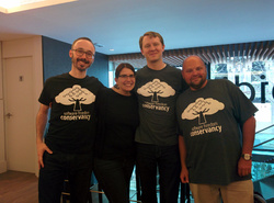 From left: Stefano Zacchiroli, Debian developer and OSI board member; Karen Sandler, SFC executive director; John Sullivan, outgoing executive director at FSF; and Jim Wright, chief architect and open source ombudsman at Oracle, in a fundraising photo for Software Freedom Conservancy. SOURCE: SFC