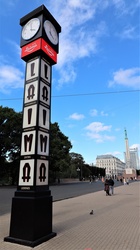 The Laima clock in front of the freedom monument in Riga, Latvia.
