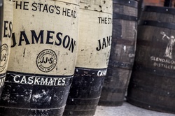 Jameson Irish Whiskey barrels outside pub in Dublin