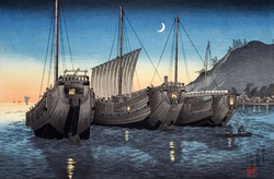 Port poster ships sailing ships maritime seafaring, Asian vintage art, old antique illustration, public domain
