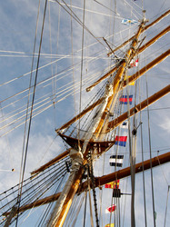 Mast frigate Freedom of the Republic of Argentina with flags and ropes