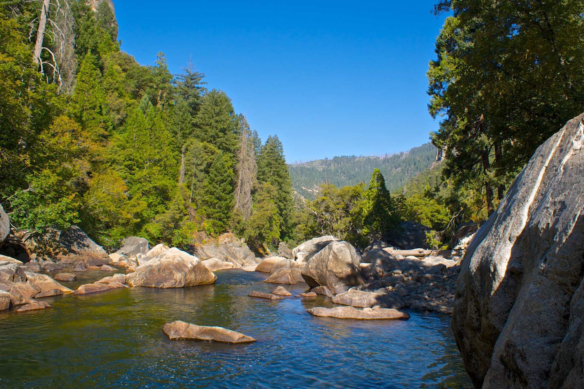 Merced River flows calmly through the Yosemite Valley in central California.