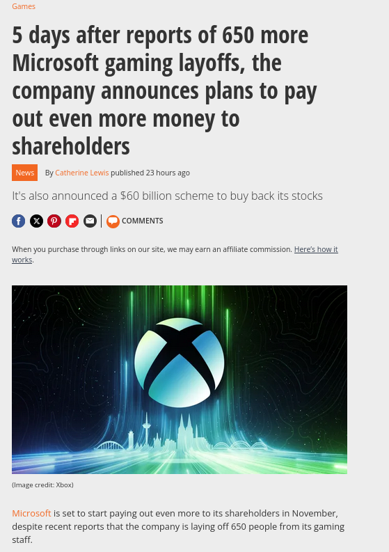 5 days after reports of 650 more Microsoft gaming layoffs, the company announces plans to pay out even more money to shareholders