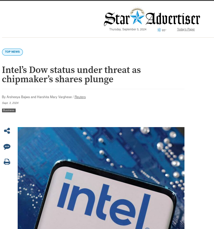 Intel’s Dow status under threat as chipmaker’s shares plunge