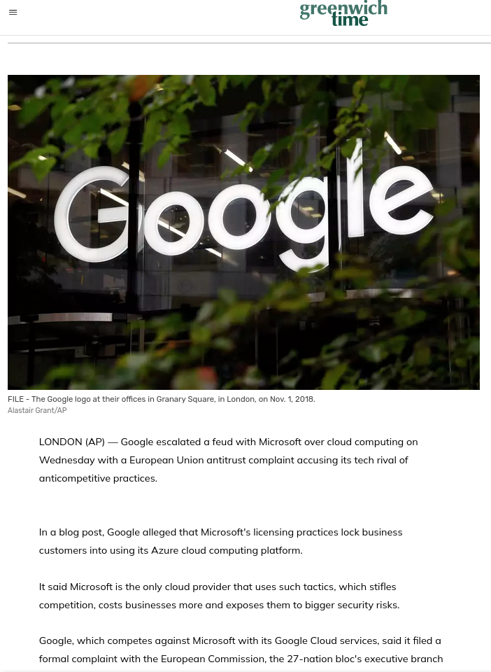 Google complains about Microsoft cloud tactics to European Union antitrust watchdog