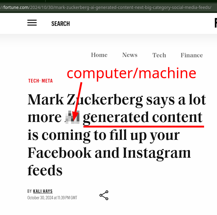 Mark Zuckerberg says a lot more computer/machine generated content is coming to fill up your Facebook and Instagram feeds