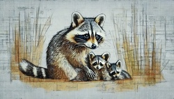 Digital drawing Raccoon with her cubs