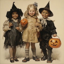 Rockwell style illustration of three children dressed in costumes with jack-o-lanterns for a big Halloween Night