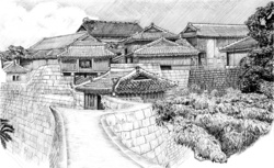 Black ink drawing of a Japanese castle