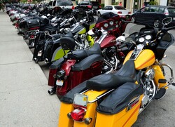 Row of motorcyles parked on bikers weekend St. Augustine, Florida