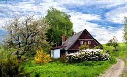 Spring meadow cottage garden watercolor painting