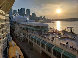 Cruise ship arrives in Vancouver Port just as the sun sets