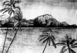 Ink drawing of scene from the island of Ko Samui, in southern Thailand