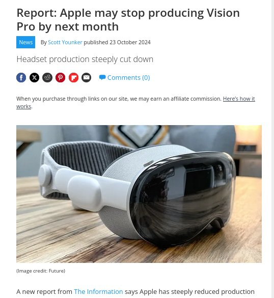 Report: Apple may stop producing Vision Pro by next month